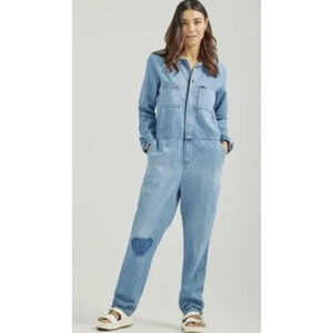 Lee Medium Wash Long Sleeve Denim Jumpsuit with Heart Patch Size Large